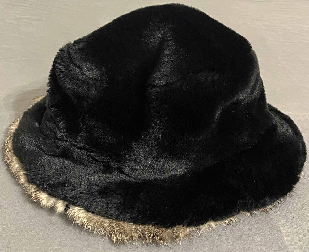 Vintage Preston & York Black Faux Fur Bucket Hat Gray Trim Y2K Cozy OS Mob Wife